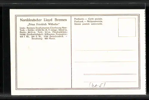 AK Norddeutscher Lloyd Bremen, Doppelschrauben-Salondampfer Prinz Friedrich Wilhelm