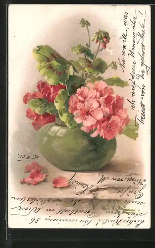 Künstler-AK Catharina Klein: Rote Blumen in einer grünen Vase
