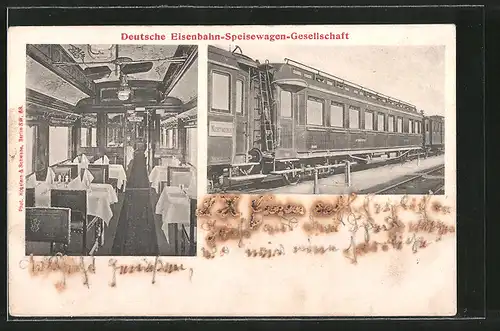AK Deutsche Eisenbahn-Speisewagen-Gesellschaft, Blick in einen Speisewagen