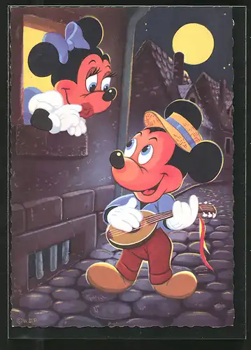 AK Mickey Maus spielt ein Ständchen für Minnie