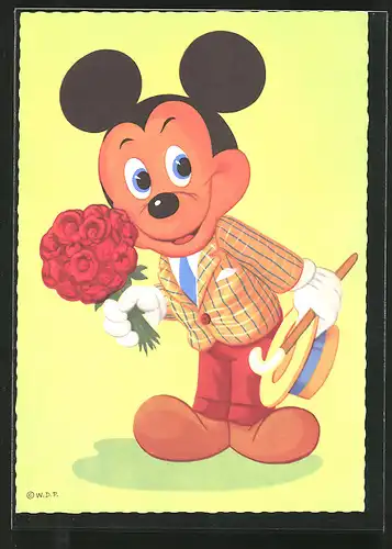 AK Micky Maus als Kavalier mit Blumen