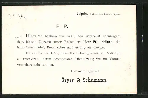 AK Leipzig, Firma Geyer & Schumann, Ankündigung eines Vertreters
