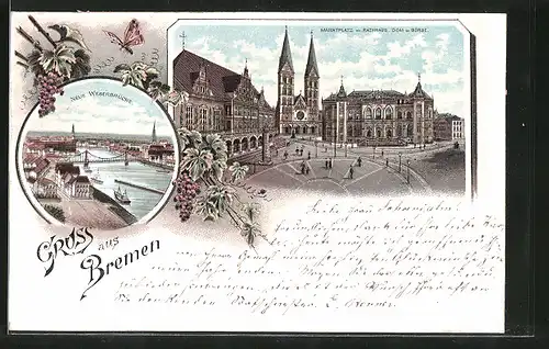Lithographie Bremen, Marktplatz mit Rathaus, Dom und Börse, Neue Weserbrücke