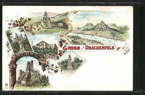 Lithographie Königswinter, Drachenburg, Ruine Drachenfels und Rheinpartie am Drachenfels