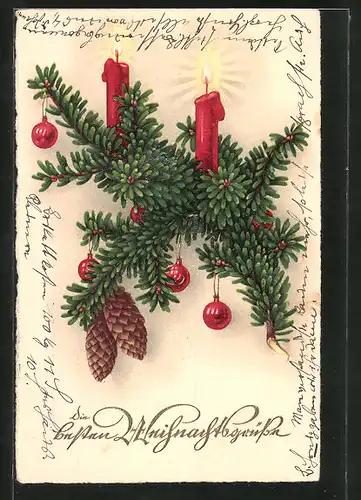 AK Weihnachten, Tannenzweig geschmückt mit Kerzen und Kugeln