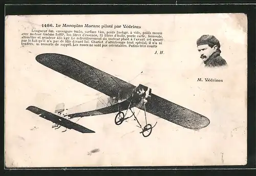 AK Le Monoplan Morana piloté par Védrines, Flugzeug, Eindecker