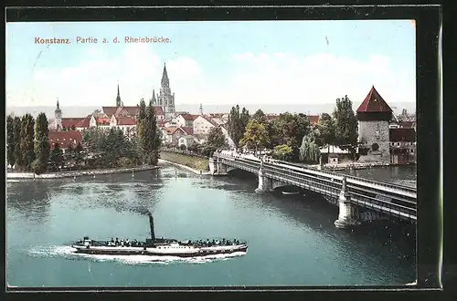 AK Konstanz, Partie an der Rheinbrücke mit Dampfer
