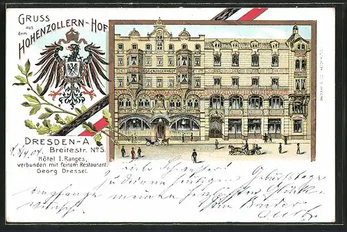 Lithographie Dresden, Gasthaus Hohenzollern-Hof v. G. Dressel, Breitestrasse 5, Pferdekutsche, Reichsadler