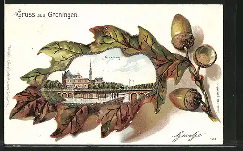 Passepartout-Lithographie Groningen, Blick zur Heeresburg im Eichenblatt