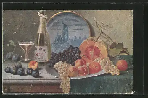 Künstler-AK "Stilleben", Sekflasche mit Pfirsichen und Weintrauben