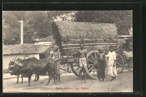 AK Ceylon, Native Bullock Cart, Einheimische vor ihrem Ochsen-Gespann