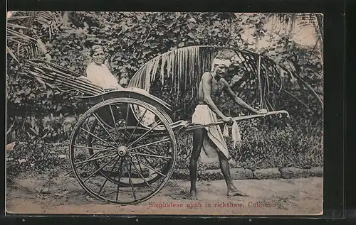 AK Colombo, Singhalese ayah in rickshaw, Rikscha mit Passagier