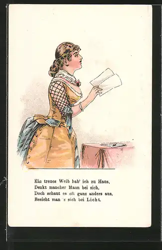 Lithographie Frau hält einen Brief in den Händen, Halt gegen das Licht
