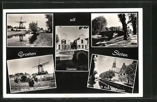 AK Sloten, Molen, Centrum, Woudsenderpoort, N.H. Kerk mit Pastorie