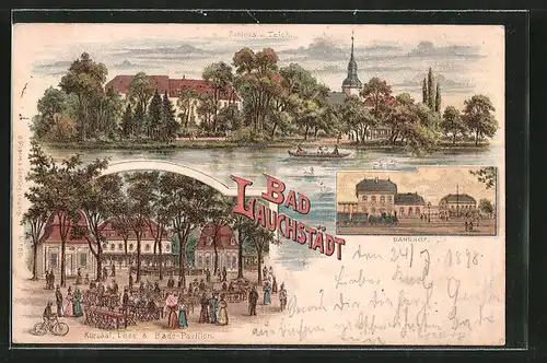Lithographie Bad Lauchstädt, Bahnhof, Gasthaus Kursaal mit Lese- u. Bade-Pavillon, Schloss und Teich, Eisenbahn