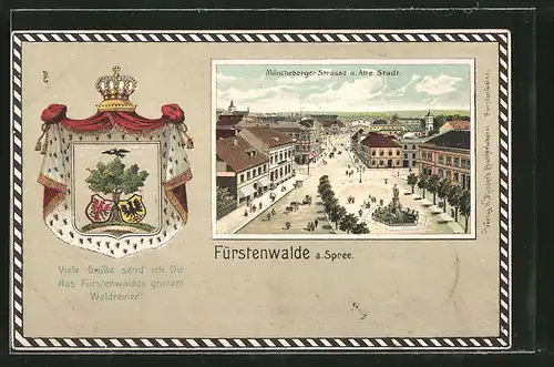 Passepartout-Lithographie Fürstenwalde, Müncheberger Strasse u. Alte Stadt aus der Vogelschau, Wappen