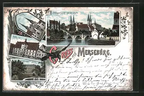 Lithographie Merseburg, Rathaus, Dom, Schlossgarten-Salon, Rabe