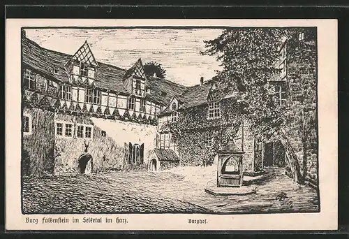 Künstler-AK Pansfelde, Burg Falkenstein im Selkethal, Blick in den Burghof