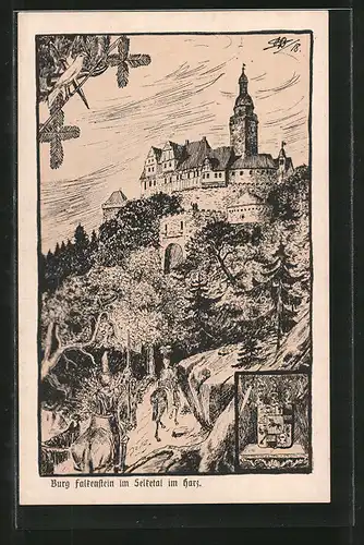Künstler-AK Pansfelde, Blick zur Burg Falkenstein