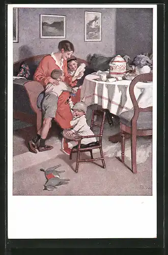 Künstler-AK Brynolf Wennerberg: Mutter liest Ihren Kindern Feldpost vor, Kleiner Junge mit Stahlhelm