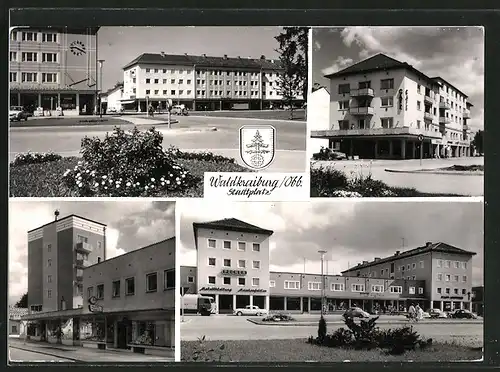 AK Waldkraiburg, Stadtplatz mit Geschäften, Wappen