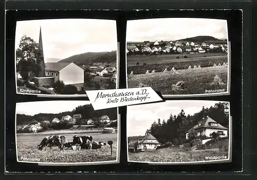 AK Mornshausen, Kirche, Panorama, Waldpartie