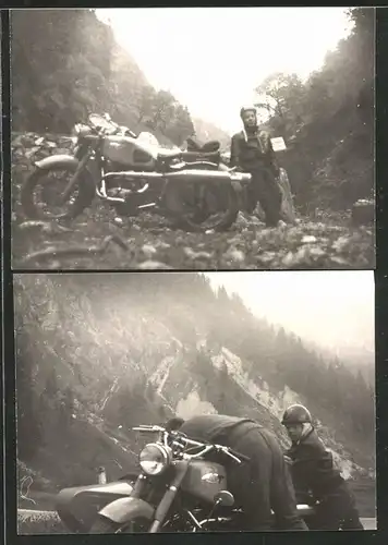 2 Fotografien Motorrad Zündapp mit Seitenwagen, Vater & Sohn bei Ausfahrt mit Krad-Gespann im Gebirge