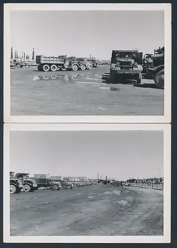 2 Fotografien LKW, Lastwagen Fuhrpark der US-Armee, verschiedene Armee-Lastwagen