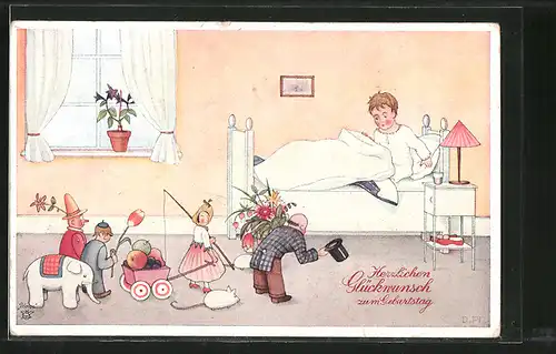 Künstler-AK Wohlgemuth & Lissner, Primus-Postkarte No. 3409: Glückwunsch zum Geburtstag, Puppen gratulieren Kind