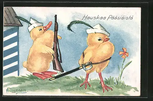 Künstler-AK Osterküken mit Säbel, Ente mit Gewehr auf Wachposten
