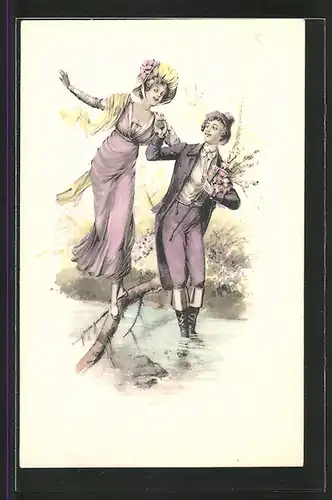 Künstler-AK Brüder Kohn (B.K.W.I) Nr.731/5: Junger Mann geleitet junge Dame über einen schmalen Baumstamm
