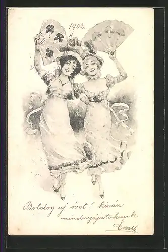 Künstler-AK Brüder Kohn (B.K.W.I) Nr.2997/4: Zwei junge Damen tanzend mit Fächer