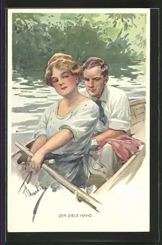 Künstler-AK Brüder Kohn (B.K.W.I) Nr.535-1: Dem Ziel Nahe, Junges Paar im Ruderboot