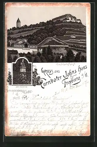 Vorläufer-Lithographie Freyburg, 1894, Turnvater Jahns Haus, Jahn Denkmal