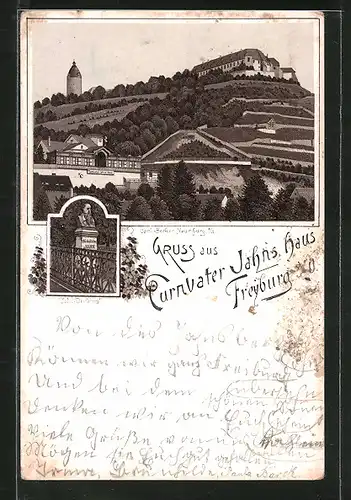 Vorläufer-Lithographie Freyburg, 1895, Turnvater Jahns Haus, Jahn Denkmal
