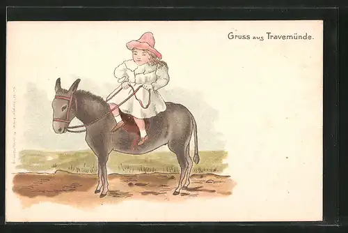 Lithographie Travemünde, Mädchen reitet auf einem Esel