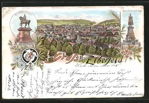 Lithographie Elberfeld, Kaiser Wilhelm I.-Denkmal, Kaiser Friedrich-Denkmal, Stadtpanorama, Wappen