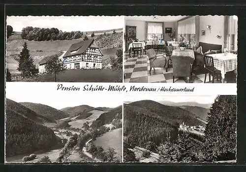 AK Nordenau, Hotel-Pension Schütte-Mühle, Innen - und Aussenansicht