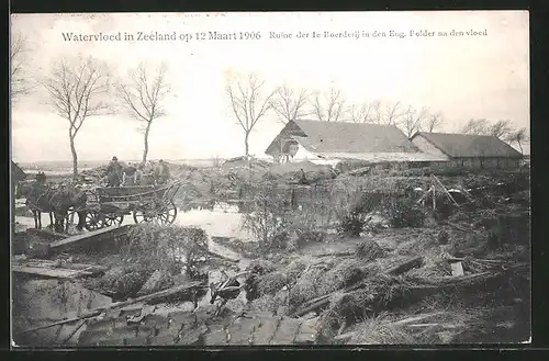 AK Watervloed in Zeeland op 12 Maart 1906, Ruine de 1e Boerderij in den Eng. Polder na den vloed, Hochwasserschäden