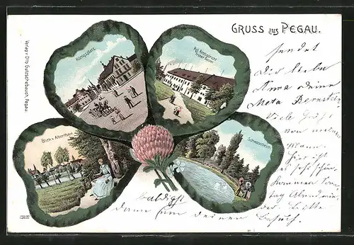 Passepartout-Lithographie Pegau, Ansichten von Königsplatz, Kgl. Amtsgericht und Schwanenteich auf Kleeblatt