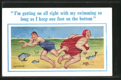 Künstler-AK Donald McGill: I'm getting on all right with my swimming..., Dicke Schwimmerin, Humor