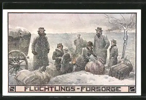 Künstler-AK Richard Moser: Flüchtlings-Fürsorge, Rast im Schnee