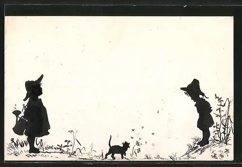 Künstler-AK Handgemalt: Silhouetten zweier Kinder und Katze