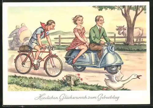 AK Glückwunsch zum Geburtstage, Paar auf Motorroller und Radfahrer