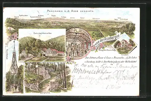 Lithographie Wittmar, Panorama von der Asse aus, Gasthaus zur Asse, Aussichtsthurm, Burgruine