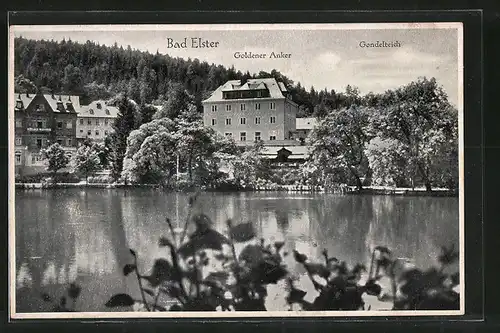AK Bad Elster, Gasthaus Goldener Anker mit Gondelteich