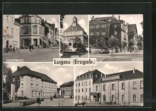 AK Lugau, Stollberger Strasse, Poststrasse, Rathaus