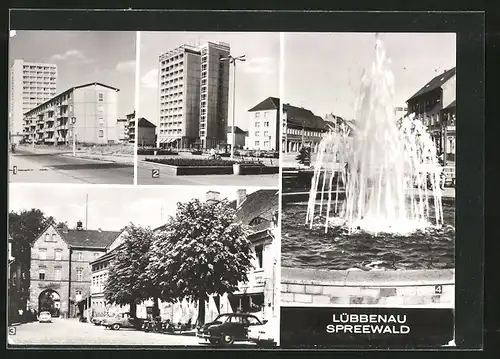 AK Lübbenau, Neustadt mit Strasse der Jugend, Roter Platz & Springbrunnen an der Hauptstrasse