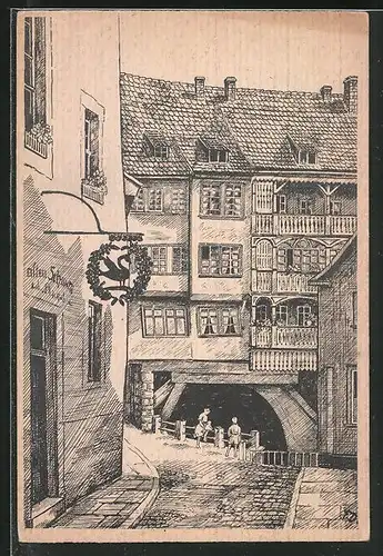 Künstler-AK Erfurt, Strassenwinkel in der Altstadt, Gasthof zum Alten Schwan