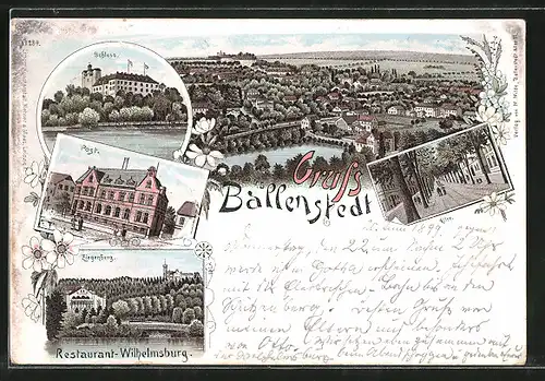 Lithographie Ballenstedt, Restaurant Wilhelmsburg am Ziegenberg, Post, Schloss